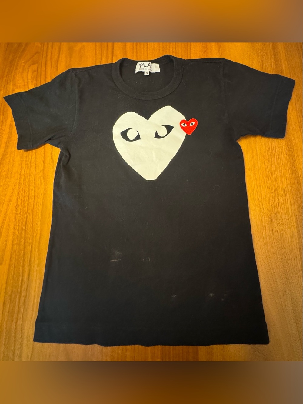 Comme des Garçons PLAY Black Cotton T-shirt with Heart Logo/Embroidery, Size S